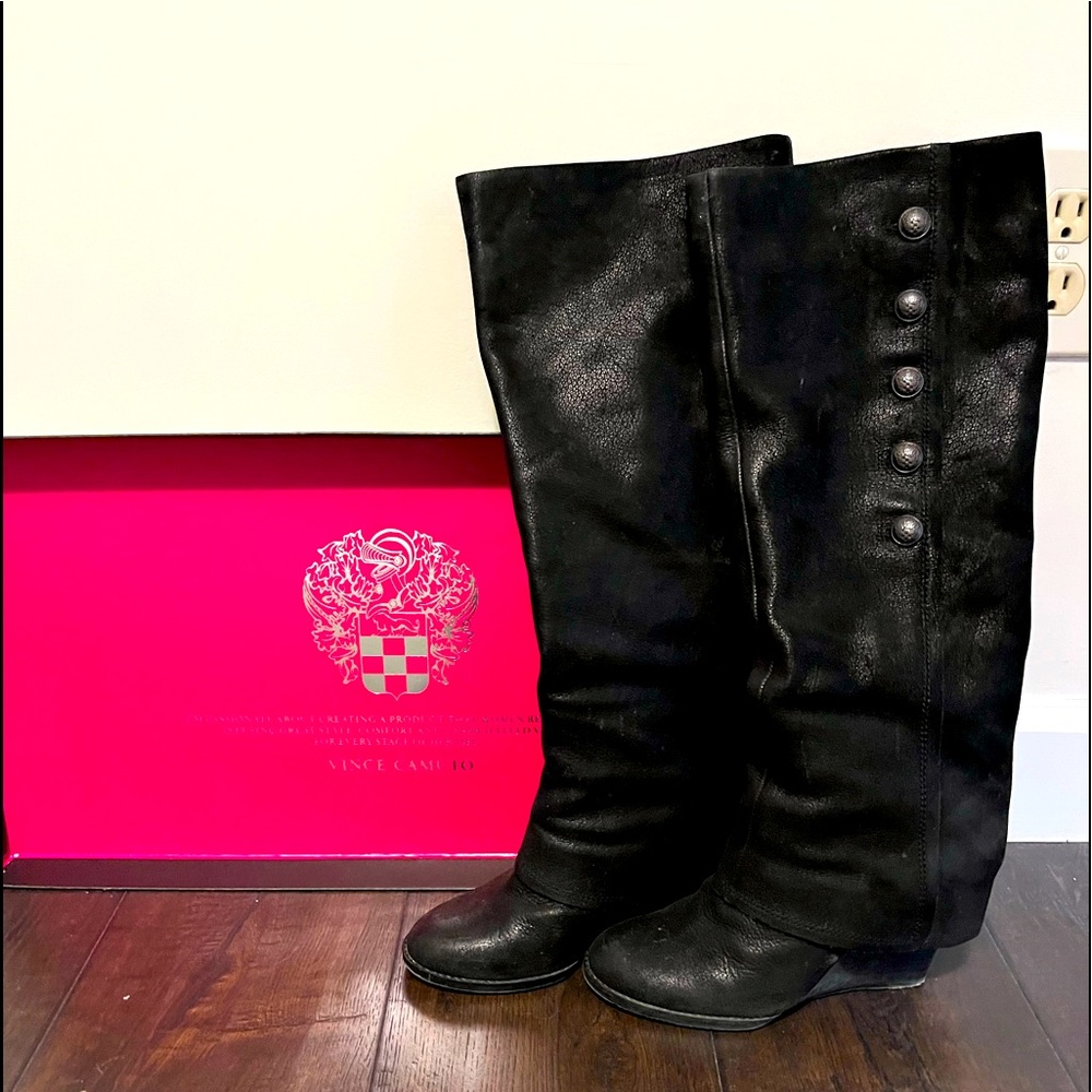 Vince Camuto Knee high  black wedge boot with side detail